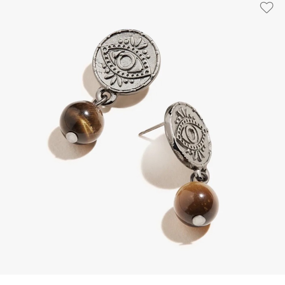 NWT Alex and Ani Evil Eye Coin Drop genuine Tigers Eye gemstones Earrings